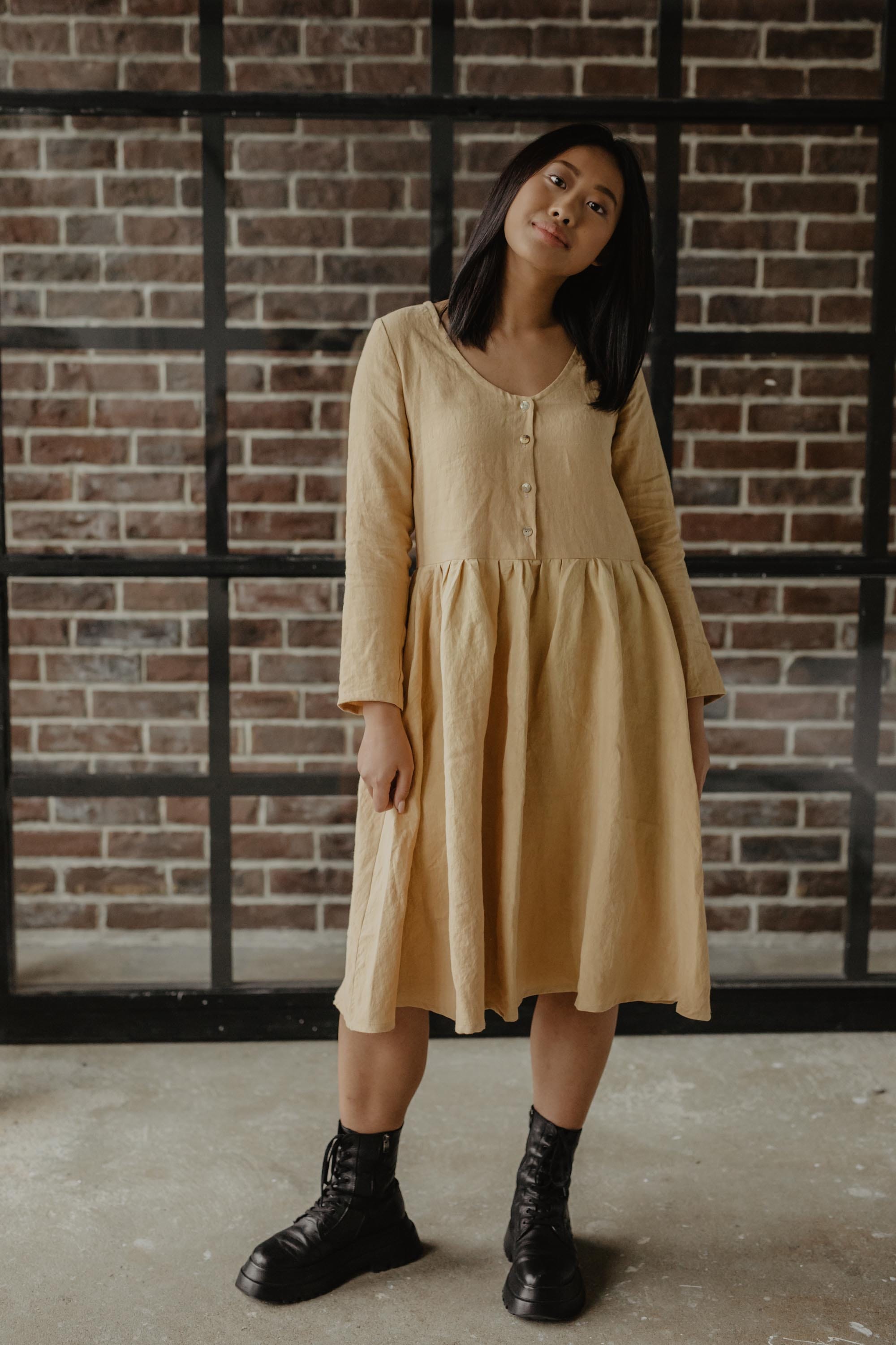 AmourLinen Linen dress Lapland mid-length linen dress in Mustard Lapland mid-length linen dress in Mustard